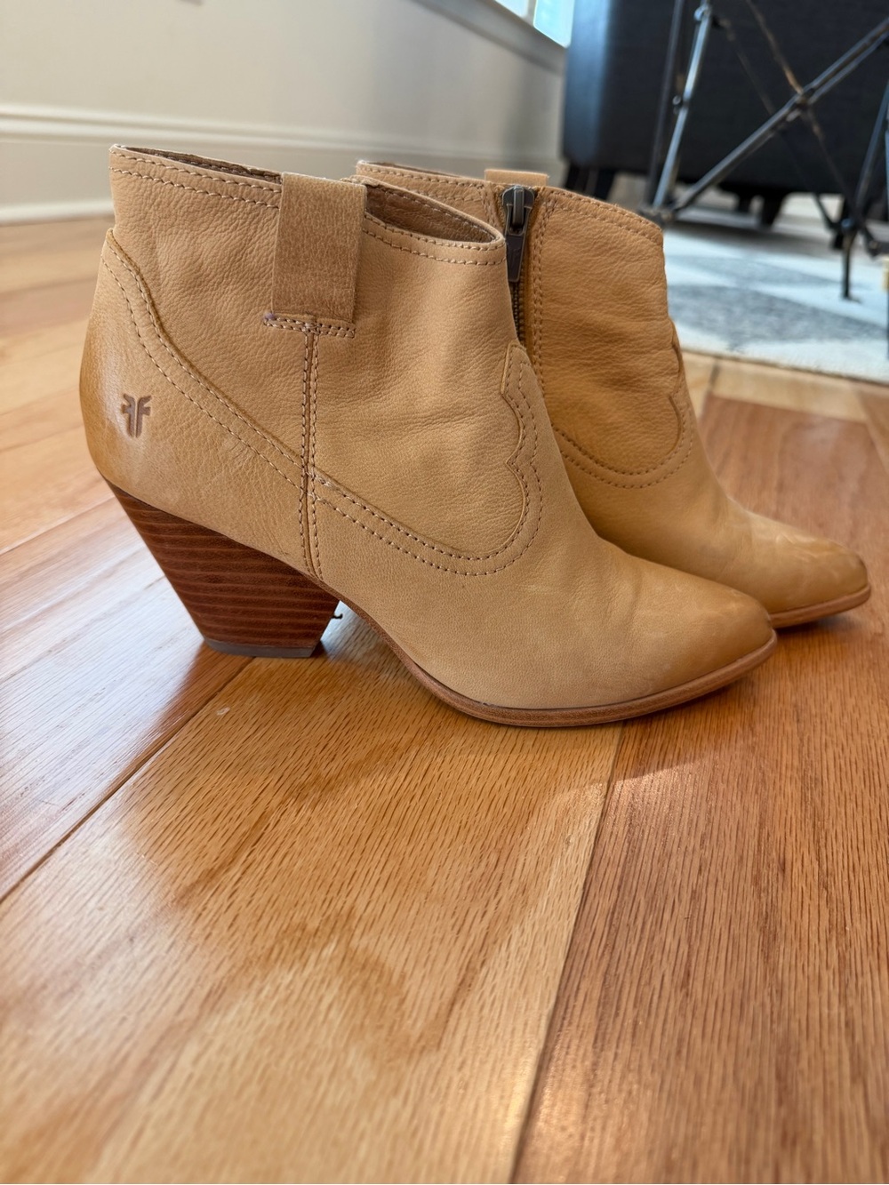 Frye Beige Leather Western-Inspired Ankle Booties